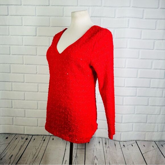 Jennifer Lopez Red Sequin V-Neck Keyhole Sweater - Size Large - Picture 4 of 10
